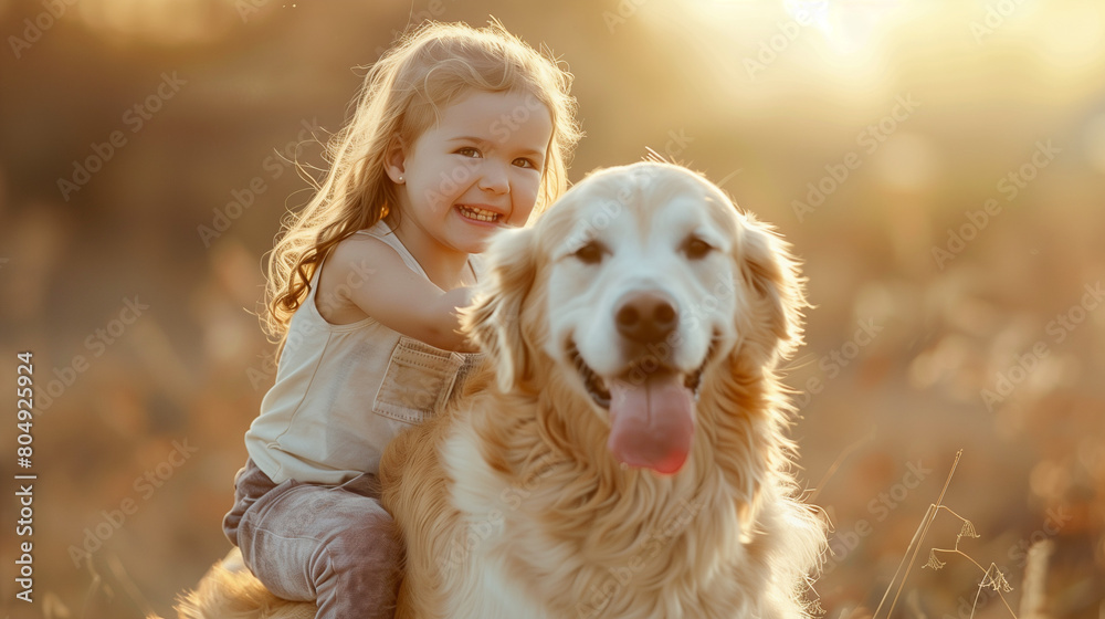 A little girl smiling while riding on her dog A little girl smiling while riding on her dog