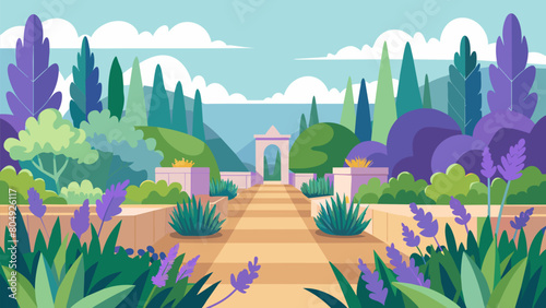 A garden filled with fragrant herbs such as lavender and rosemary providing a relaxing and theutic scent for visitors to enjoy.. Vector illustration photo