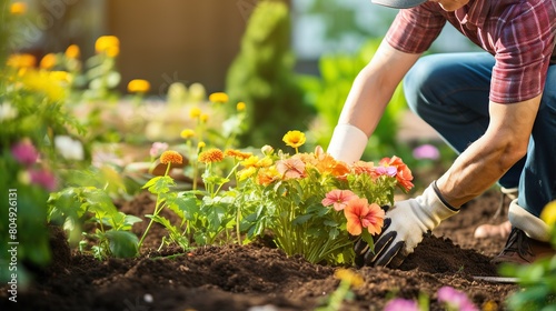 Woman putting beautiful flowers into the ground in the garden, arranging the garden, planting flowers in the garden,