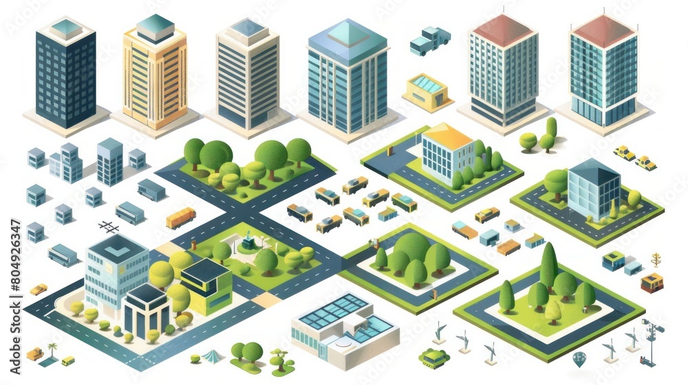 A versatile set of cityscape design elements, featuring an isometric perspective for building and city map generation A versatile set of cityscape design elements, featuring an isometric perspective for building and city map generation