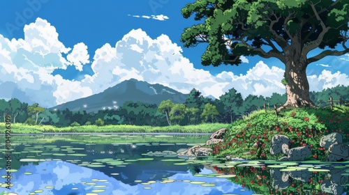 A lush green landscape with towering mountains in the distance. The scene is framed by two large trees, creating a serene and pictures view of a meadow, trees, and distant mountains under a blue sky