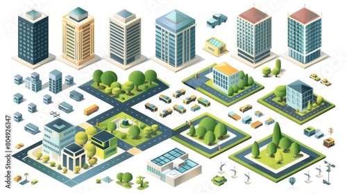 A versatile set of cityscape design elements, featuring an isometric perspective for building and city map generation