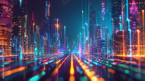 Abstract digital background with glowing light lines and city lights.