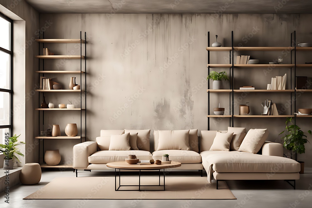 Loft interior design of modern living room, home. Beige sofa and shelving units against concrete wall. Loft interior design of modern living room, home. Beige sofa and shelving units against concrete wall.