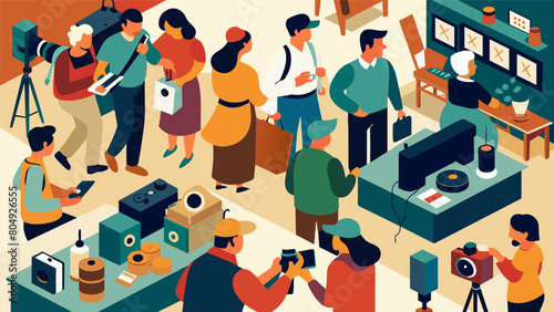 A vintage camera fair bustling with enthusiasts in search of rare and unique finds to add to their collections.. Vector illustration