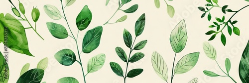 A seamless botanical watercolor illustration featuring a variety of green leaves, perfect for backgrounds, textiles, and eco-friendly concepts © MiniMaxi