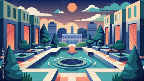 A secluded courtyard with a peaceful pond and meditation pods hidden within a maze of busy city streets..
