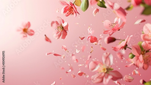 Beautiful fresh quince blossoms with delicate pink flowers falling in the air  isolated on a pink background