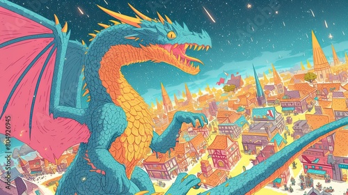 Dragon  scales  majestic creature  overlooking a medieval town in a digital realm  under a starry sky  3D render  Backlights  Vignette  Point-of-view shot