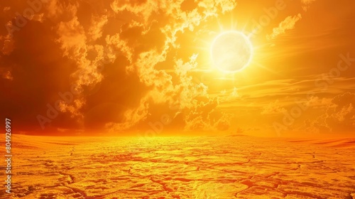 An intense heatwave depicted by a scorching hot sun, symbolizing climate change and global warming issues