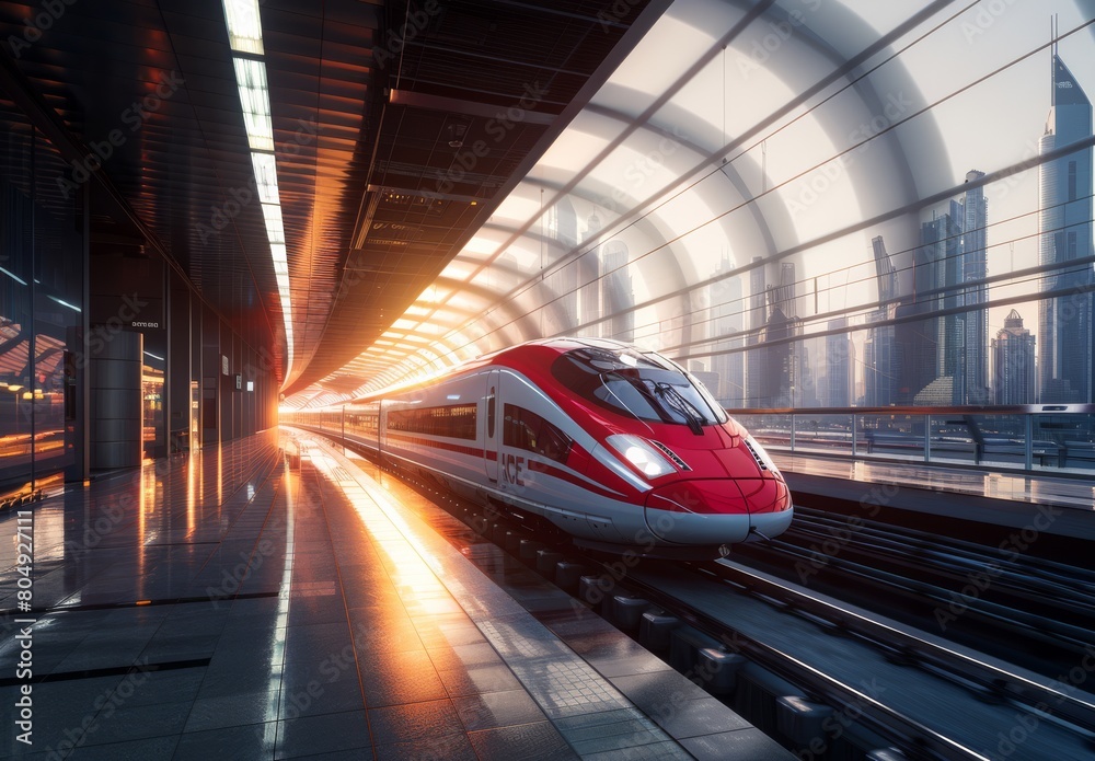 A sleek modern high-speed bullet train zooming through a tunnel, near a platform, showcasing futuristic transportation technology