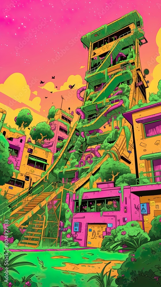Obraz premium Eco-friendly City, Solar Panels, Lush Green Gardens, Birds chirping in harmony with technology Realistic, Golden Hour, Bokeh Effect, Dolly zoom effect