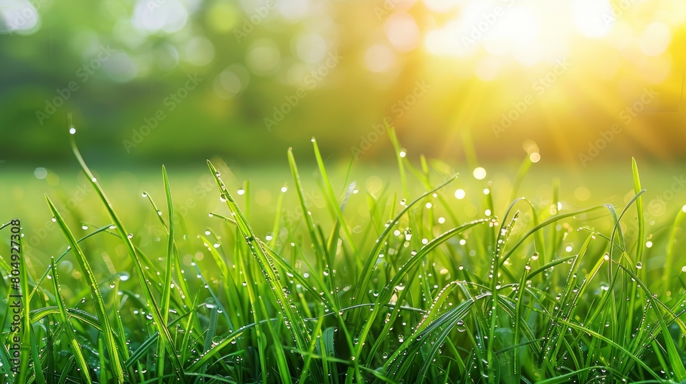 Juicy lush green grass sparkles with drops of morning dew, capturing the essence of a fresh