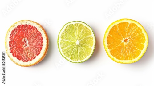 Freshly cut citrus slices (orange, pink grapefruit, lime, lemon) are neatly arranged in a row, isolated against a white background