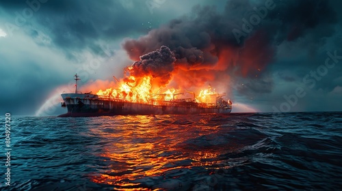 A burning oil tanker in the ocean. copy space for text.