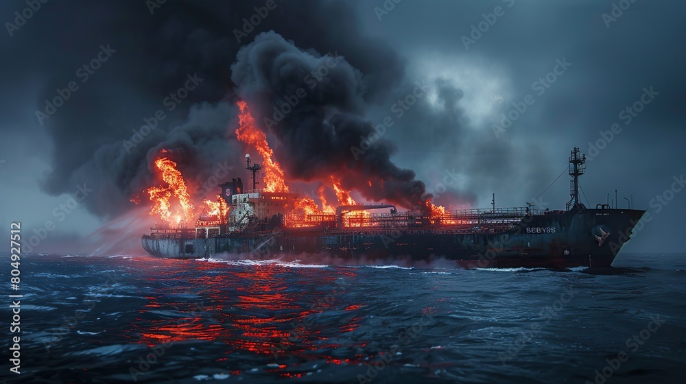 A burning oil tanker in the ocean. copy space for text.