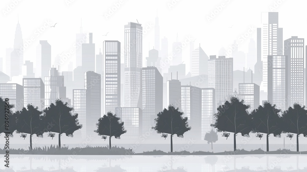 Obraz premium A serene cityscape painted in light gray tones features city buildings interspersed with lush green trees