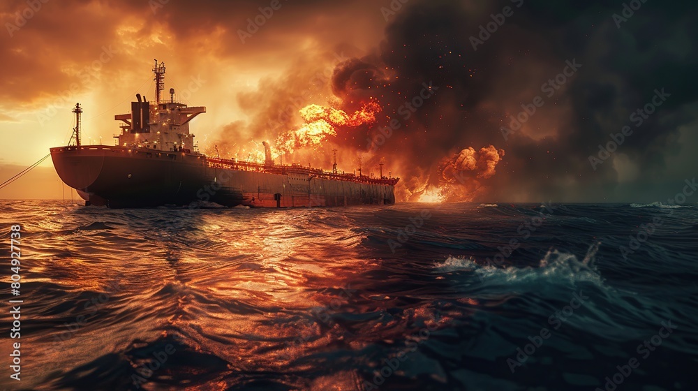 Fototapeta premium A burning oil tanker in the ocean. copy space for text.
