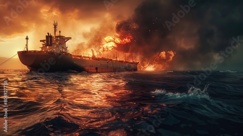 A burning oil tanker in the ocean. copy space for text.