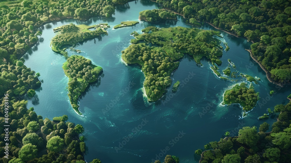 Imaginative aerial depiction of rainforest lakes, ingeniously shaped to mimic the world's continents