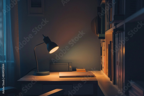 A single contemporary desk lamp with a minimalist silhouette and adjustable brightness, positioned on a clean desk, providing focused illumination for work or study.  photo
