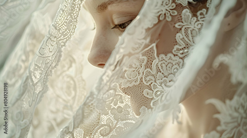 Close-up Shots highlighting the intricate lacework on bridal footwear in the wedding theme for a Photo-Real Focus photo