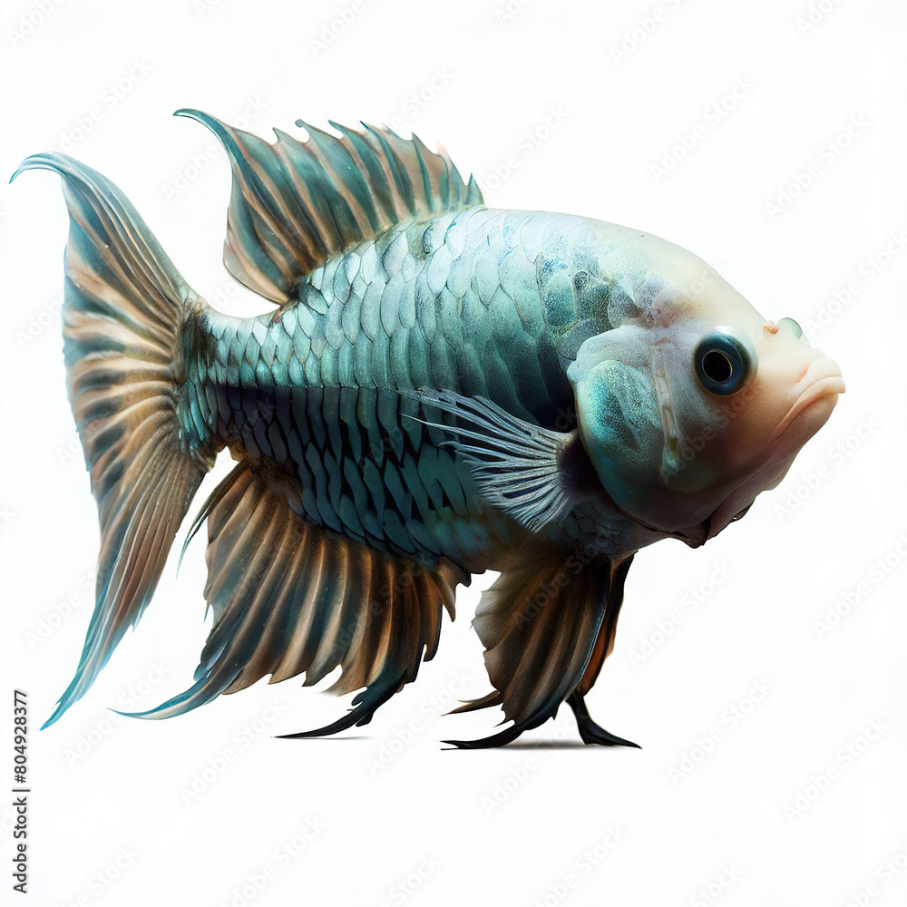 Fototapeta premium an isolated colorful fish on a white background, created with AI technology. 