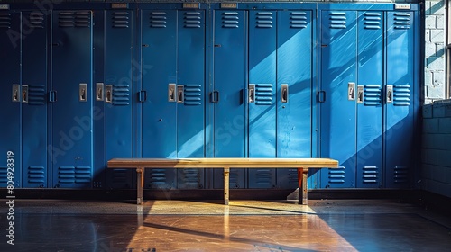 Blue metal storage lockers with an accompanying wooden bench are situated in a locker area, with various doors in different states of open or closed. copy space for text.