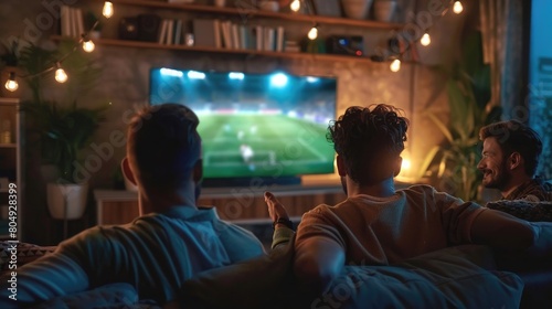 Back view of male friends sitting on couch in living room and talking with each other while watching soccer competition on TV in evening