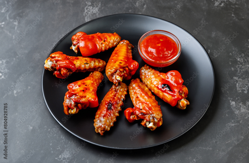 Spicy grilled chicken wings with ketchup on a black plate on a dark slate. Spicy grilled chicken wings with ketchup on a black plate on a dark slate.