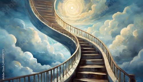 A staircase spiraling endlessly into the clouds, with doors on each step leading to unknown photo