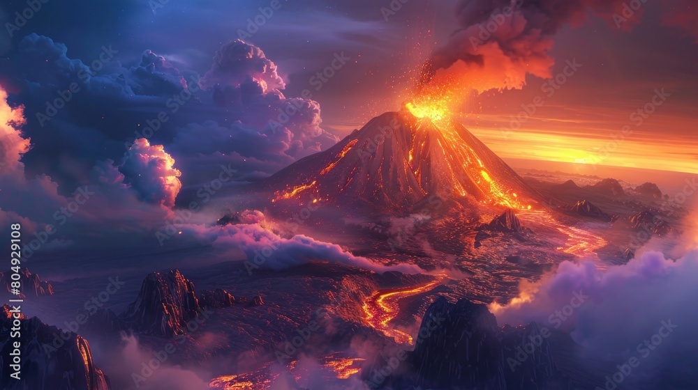 A powerful and awe-inspiring scene of a volcanic eruption, with smoke and ash billowing into the sky.

