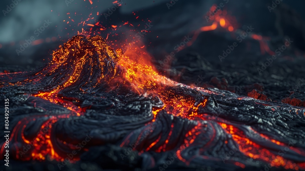 A visually striking scene of a volcano eruption at night, with glowing lava flowing in the darkness, creating an ominous atmosphere.

