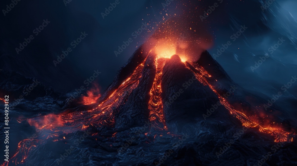 A visually striking scene of a volcano eruption at night, with glowing lava flowing in the darkness, creating an ominous atmosphere.

