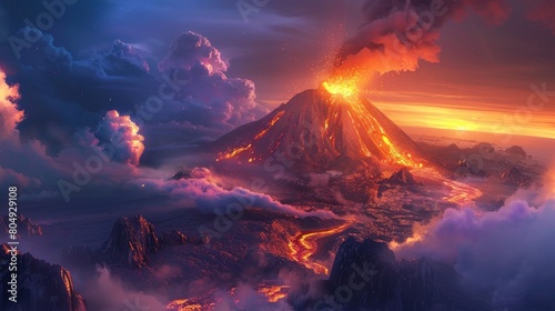 A powerful and awe-inspiring scene of a volcanic eruption, with smoke and ash billowing into the sky.