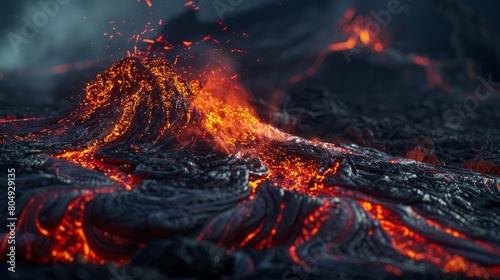 A visually striking scene of a volcano eruption at night, with glowing lava flowing in the darkness, creating an ominous atmosphere.