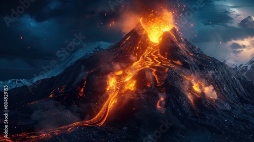 A visually striking scene of a volcano eruption at night, with glowing lava flowing in the darkness, creating an ominous atmosphere.