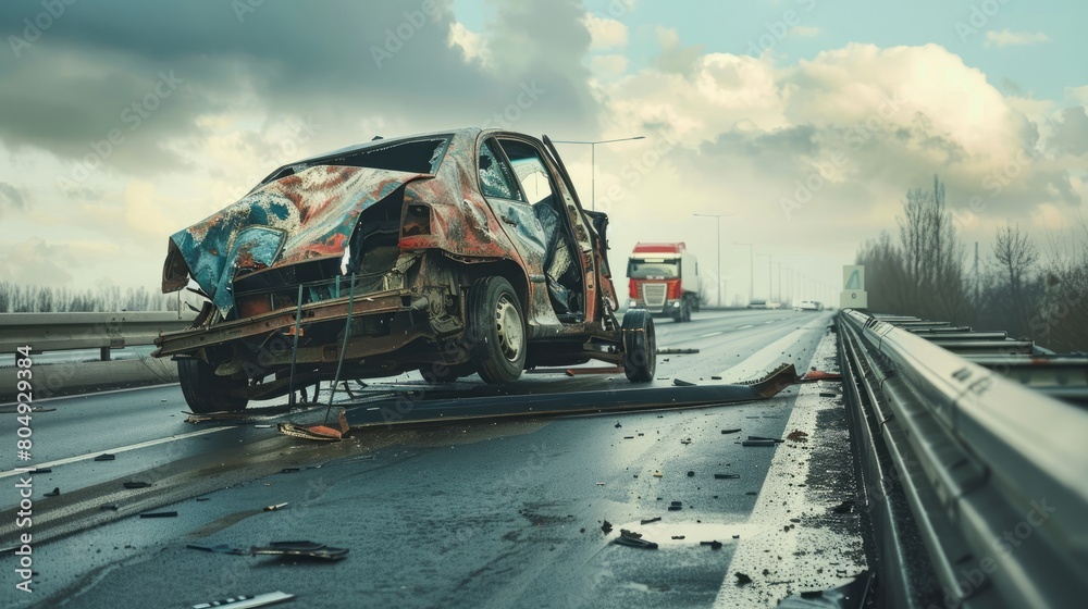 A wrecked car being transported on a tow truck along a highway after a severe accident, depicting the aftermath of road collisions.

