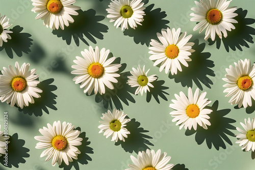 daisy flowers pattern with sunlight shadows on a green background with copy space