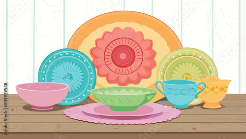 An array of colorful depression glass dishes with intricate floral designs arranged on a rustic farmhouse table.. Vector illustration