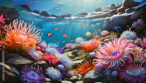 Generate a photorealistic image of a rock pool teeming with colorful sea anemones, crabs, photo