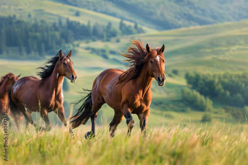 Wild horses running in the grass