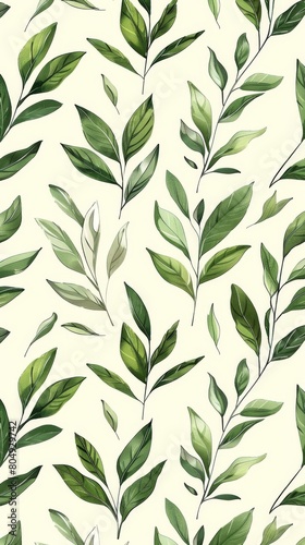 A seamless botanical watercolor illustration featuring a variety of green leaves  perfect for backgrounds  textiles  and eco-friendly concepts