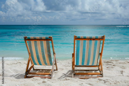 two empty deck chairs on the beach shot from the back with copy space