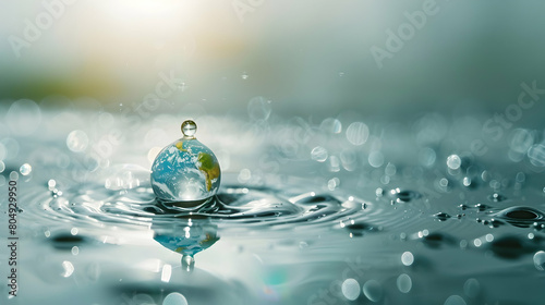 Close-up of Water Drop Cradling Earth Symbolizing Conservation - Photo Real