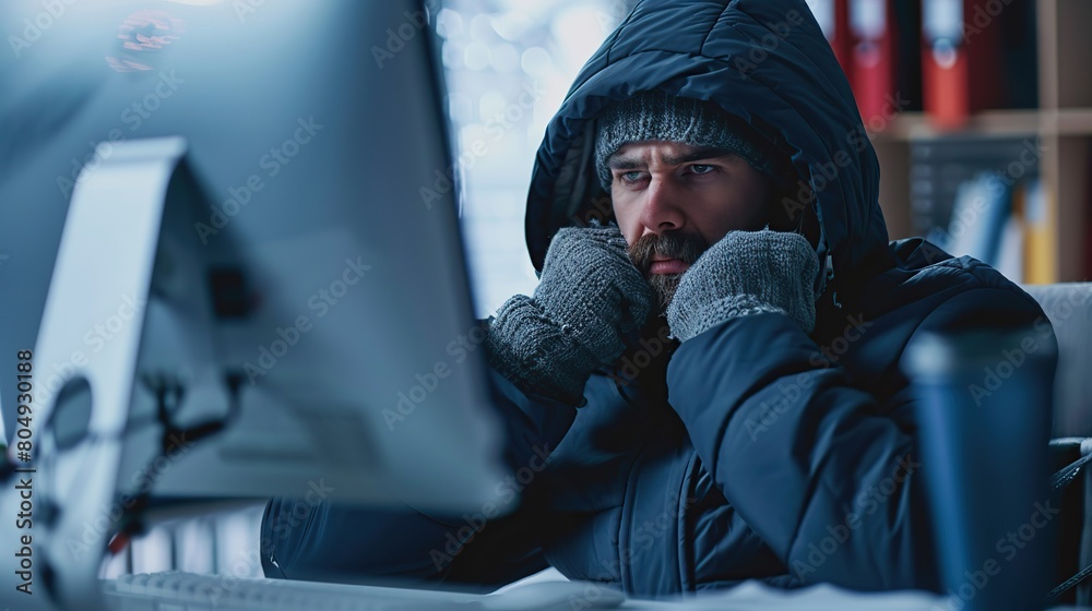 © Naknakhone - Freezing man in warm jacket and gloves working at computer in office. Unhappy warmly dressed businessman freezing in office since heating problems. copy space for text. © Naknakhone - Freezing man in warm jacket and gloves working at computer in office. Unhappy warmly dressed businessman freezing in office since heating problems. copy space for text.