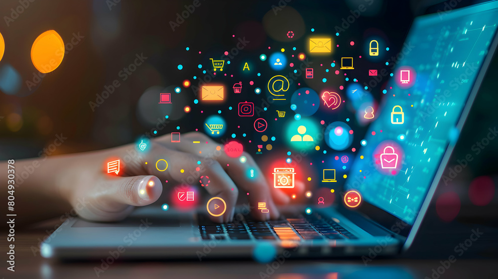 Tech Savvy Touch: A hand with a laptop surrounded by abstract tech savvy icons in a business innovation abstract theme Tech Savvy Touch: A hand with a laptop surrounded by abstract tech savvy icons in a business innovation abstract theme