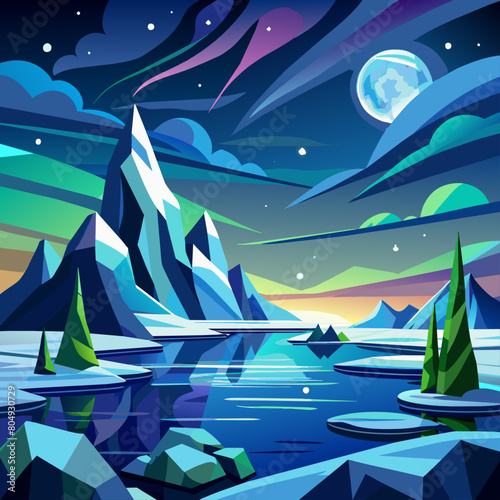 Arctic landscapes with aurora borealis backgrounds, winter landscape with trees and snow