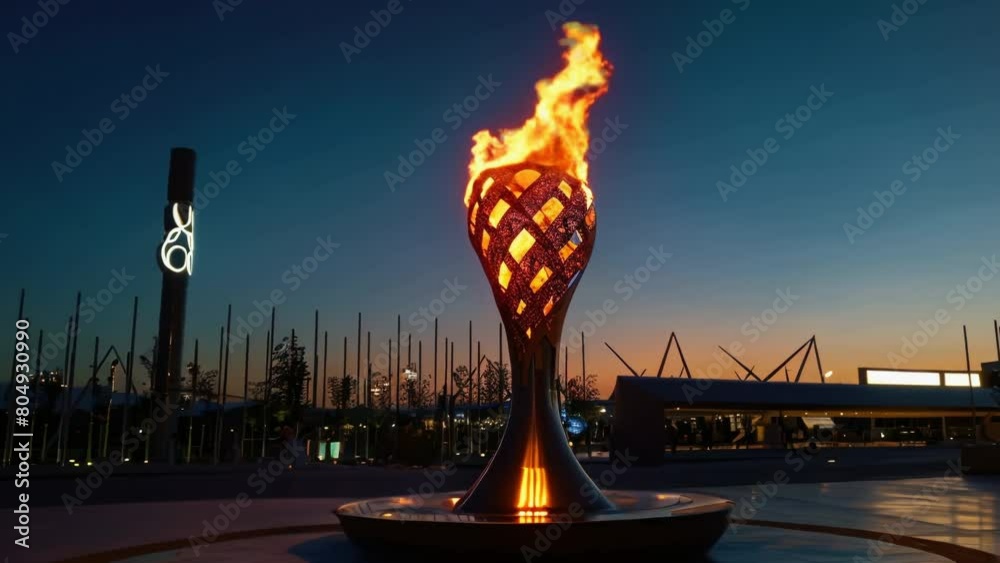 Ceremony of the ascension of the Olympic flame. Summer Olympic Games. Burning torch with fire background. Symbols of sport, relay race, competition victory, champion or winner.