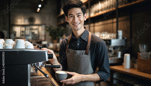  joyful Asian hipster man barista, with smile that reflects the welcoming nature